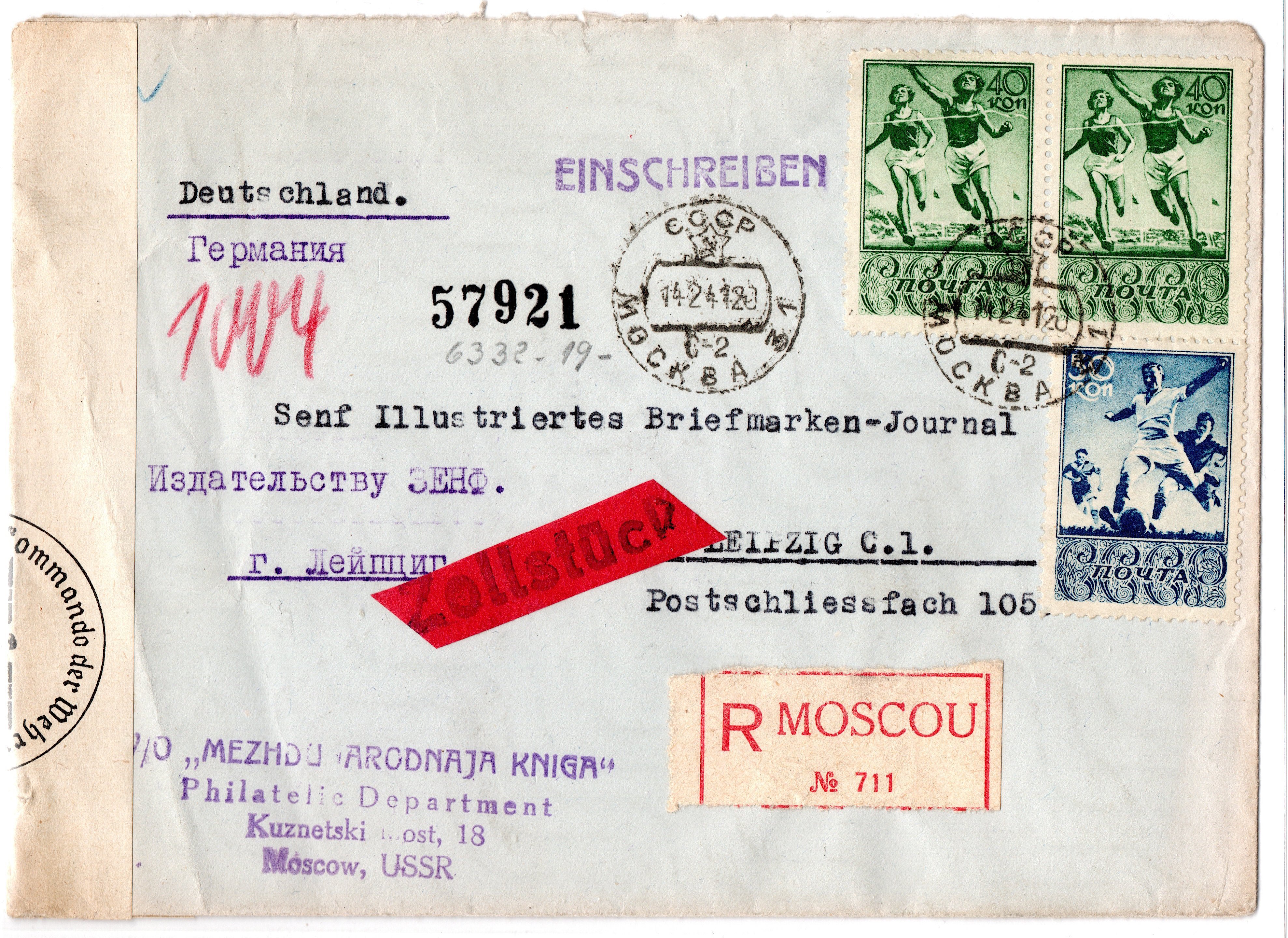 USSR 1941-02-14 registered censored cover Moscow-Leipzig