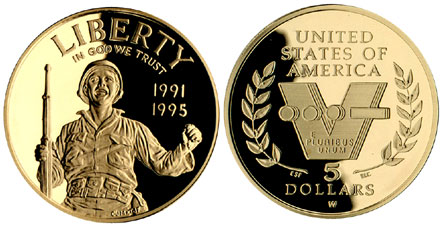 World War II 50 Anniversary gold half eagle obverse (left) and reverse (right) 1991-1995 World War II $5 Gold Half Eagle Obverse and Reverse.jpg