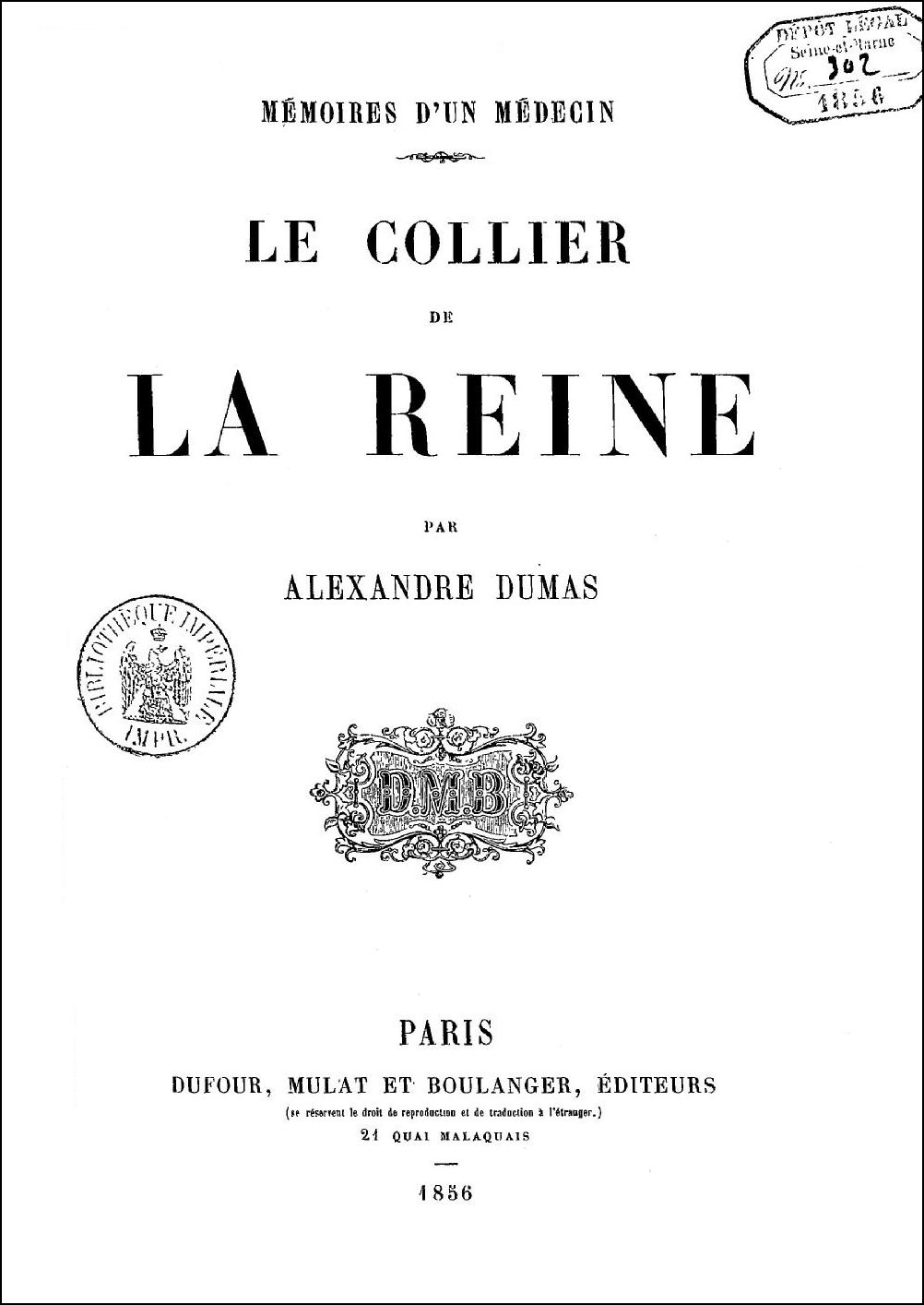 Dumas Le Collier de la Reine 1856 Cover
