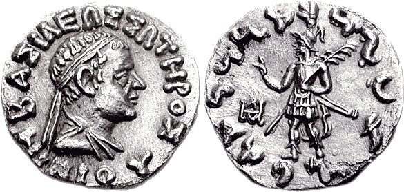 Coin of king Nicias (c. 90–85 BCE)Obv: Bust of Nicias with Greek legend ΒΑΣΙΛΕΩΣ ΣΩΤΗΡΟΣ ΝΙΚΙΟΥ "Of Saviour King Nicias".Rev: King in armour, holding a palm of victory in his left hand, and making a gesture of benediction with his right hand, similar to the Buddhist vitarka mudra. Kharoshti legend MAHARAJA TRATARASA NIKIASA "Saviour King Nicias".