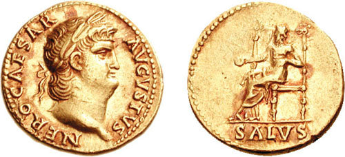 Salus, seated and holding a patera (libation bowl), on  an aureus issued under Nero