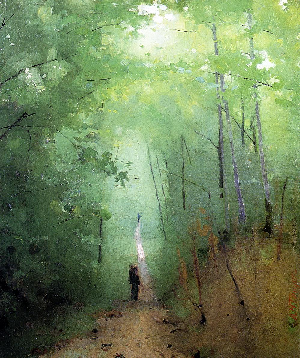 Dipinto ad olio-Abbott HANDERSON-Thayer-PAESAGGIO-AT foresta di Fontainebleau-fatto a mano 