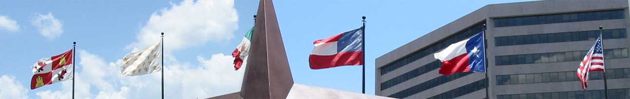 מעל מדינת טקסס התנוססו עד היום שישה דגלים (משמאל לימין): קסטיליה ולאון (מלכות המשנה של ספרד החדשה), פלר דה ליס (צרפת), דגל מקסיקו (מקסיקו), דגלי מדינות הקונפדרציה של ארצות הברית (הקונפדרציה), דגל רפובליקת טקסס (רפובליקת טקסס) ודגל ארצות הברית (ארצות הברית)
