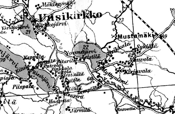 Los pueblos de Neuvola y Kirjavala en un mapa finlandés de 1923