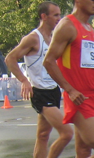 2013 IAAF World Championship in Moscow 50 km Men Walk Quentin REW, Tianfeng SI, Emerson HERNANDEZ, Andrés CHOCHO (cropped)