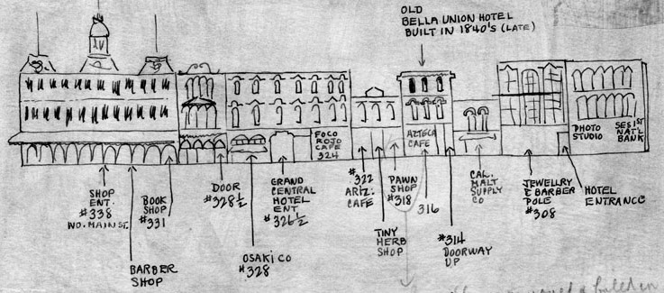 Sketch of east side of the 300 block of North Main Street, between Arcadia and Commercial streets, as it appeared circa 1880