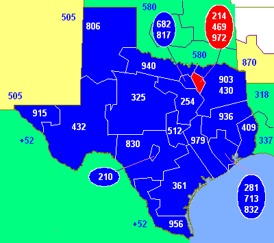 Map of Texas (in blue) and border codes, with area codes 214/469/972 in red