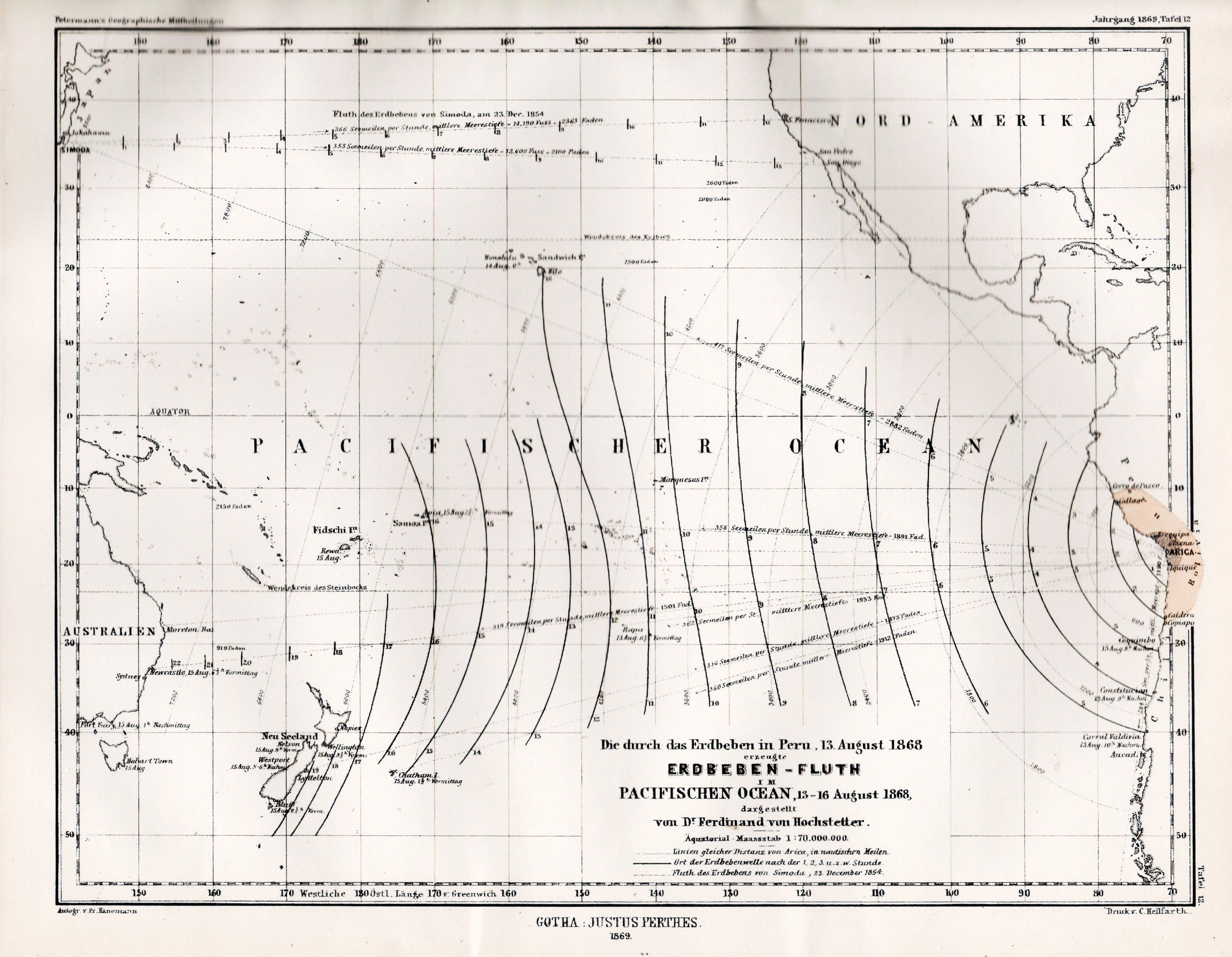 Von Hochstetter's representation of a tsunami propagation after the 1868 Arica earthquake.