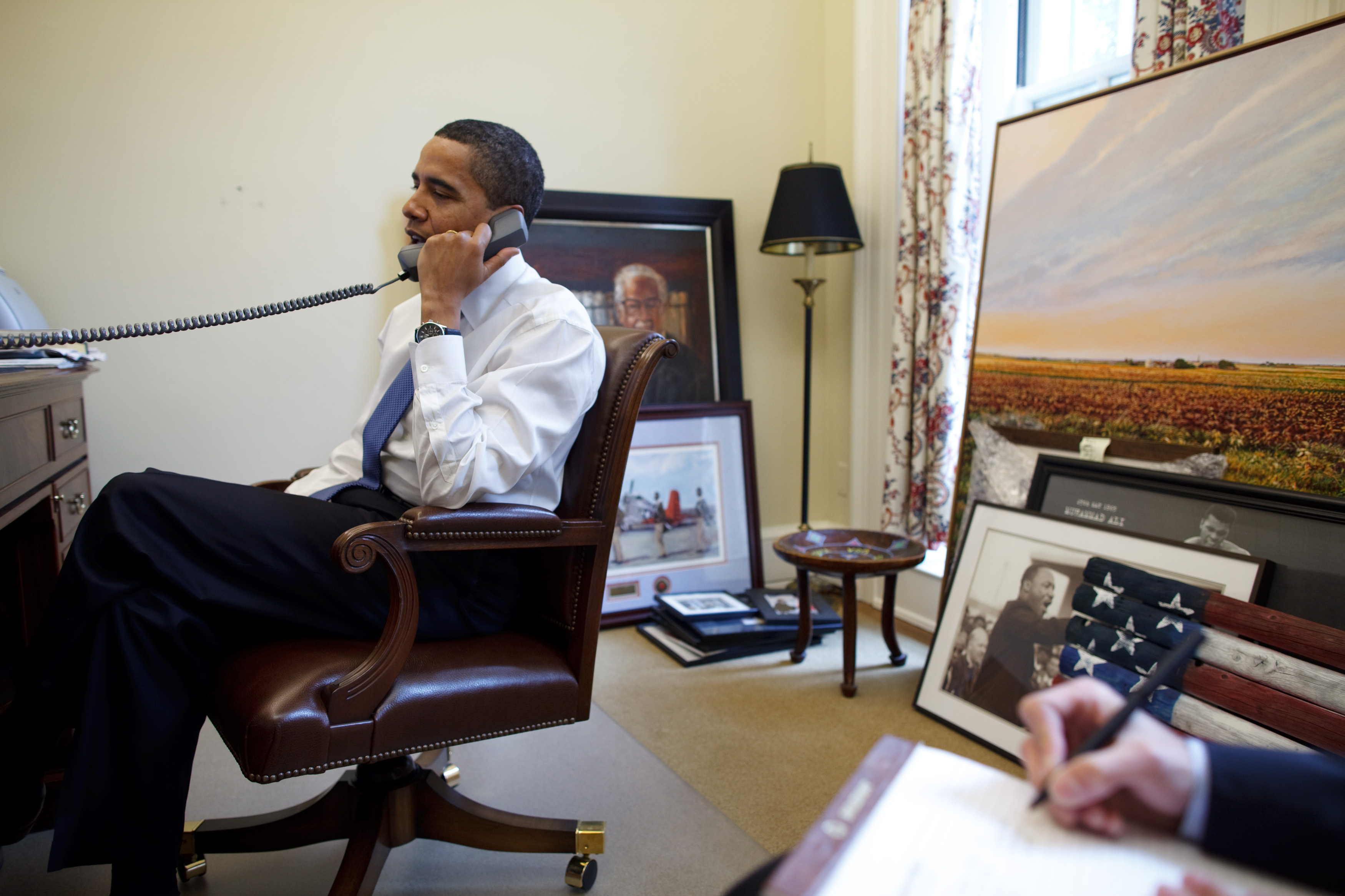 File Barack Obama On The Phone In His Private Study Jpg