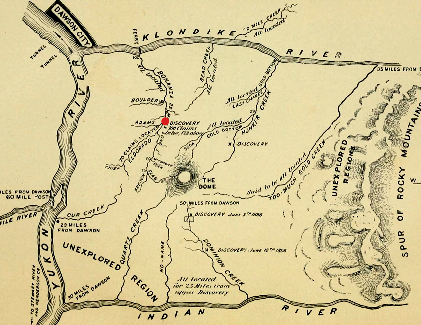 Map of goldfields with Dawson City and Klondike River at top. Red dot: discovery on Bonanza Creek.