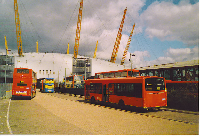 File:London buses in North Greenwich Bus Station, Millennium Dome, Greenwich, London March 2004.jpg