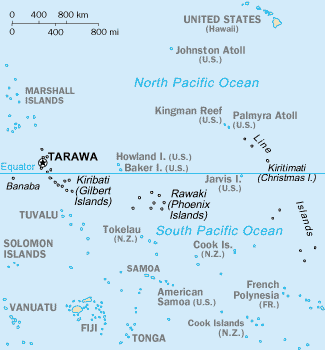 Map of the central Pacific Ocean showing Howland Island and nearby Baker Island just north of the Equator and east of Tarawa