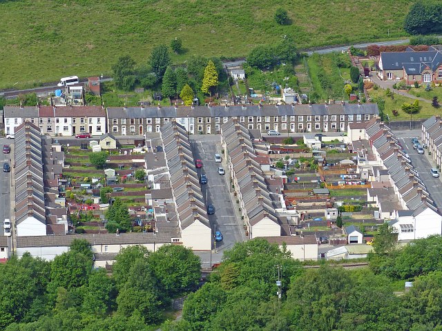 An aerial view of a few streets of terraced housing. Each house has a garden stretching out the back. 