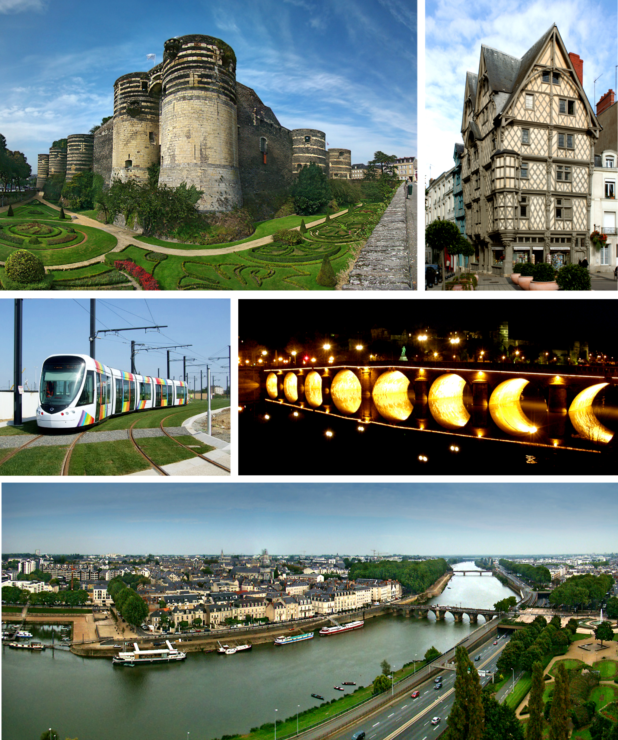 Top to bottom, left to right: [[Château d'Angers]], ''Maison d'Adam''; [[Angers tramway|Angers tram]], Verdun Bridge at night; view of the river [[Maine (river)|Maine]], Verdun Bridge and downtown area from Angers Castle