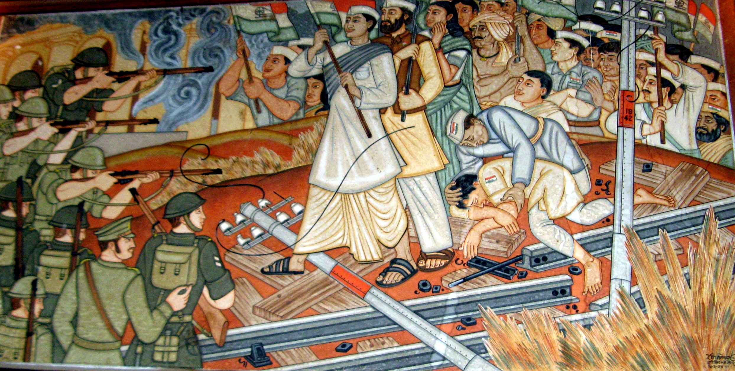 Antique frescoes depicting the Quit India Movement by Beohar Rammanohar Sinha