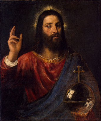 "Salvator Mundi" (1570), de Ticiano. A partir do final do Renascimento, uma forma mais "naturalística" de halo entrou na moda.