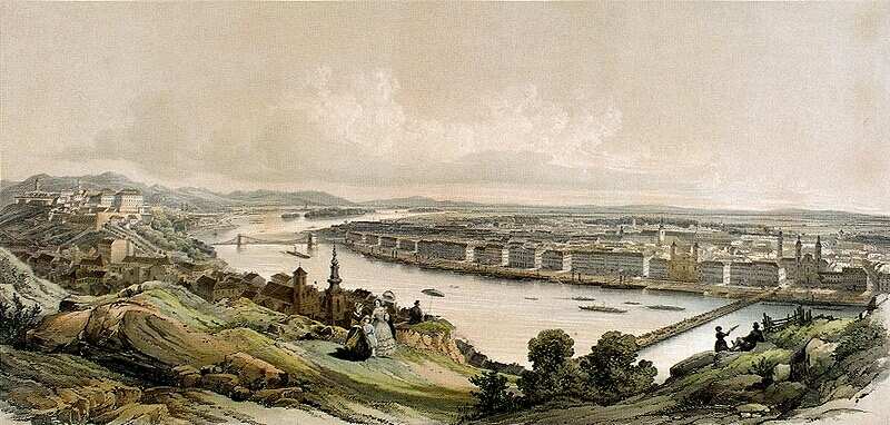 Pest és Buda együttes látképe a Gellérthegyről még az egyesítés előtt, 1853