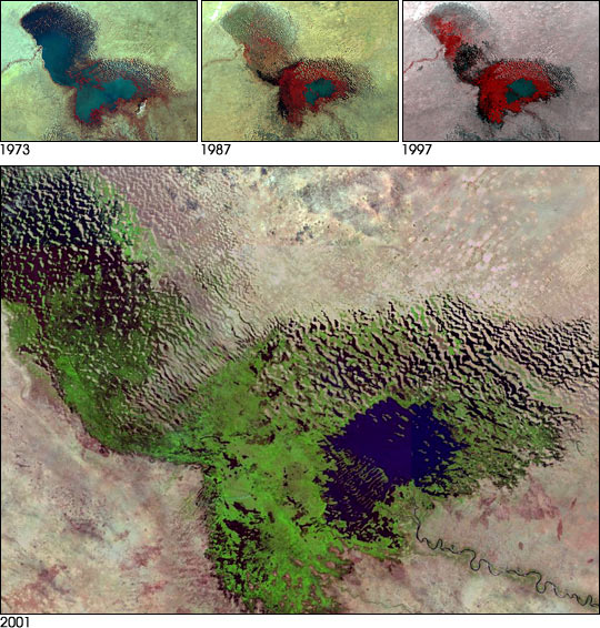 El Lago Chad (se encuentra entre Chad, Níger, Nigeria y Camerún, en África) en una imagen de satélite. Se muestra en azul el lago tal como se encuentra en la actualidad, y la vegetación que ha crecido en la antigua extensión del lago en verde (imagen satelital de 2001). Arriba, el lago en 1973 y en 1997.