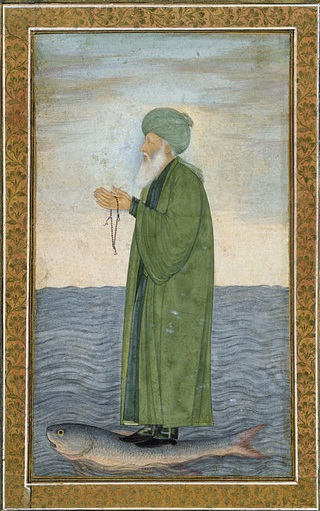 Miniature of Al-Khidr, from the "Small Clive Album" thought to have been given to Clive on his 1765–67 visit to India by Shuja ud-Daula, the Nawab of Awadh. The Album contains 62 folia of Mughal miniature paintings, drawing and floral pattern studies. The binding is from Indian brocade silk brought home by the 2nd Lord Clive, who served as Governor of Madras, 1799 to 1803. Acquired by the Victoria and Albert Museum in 1956.