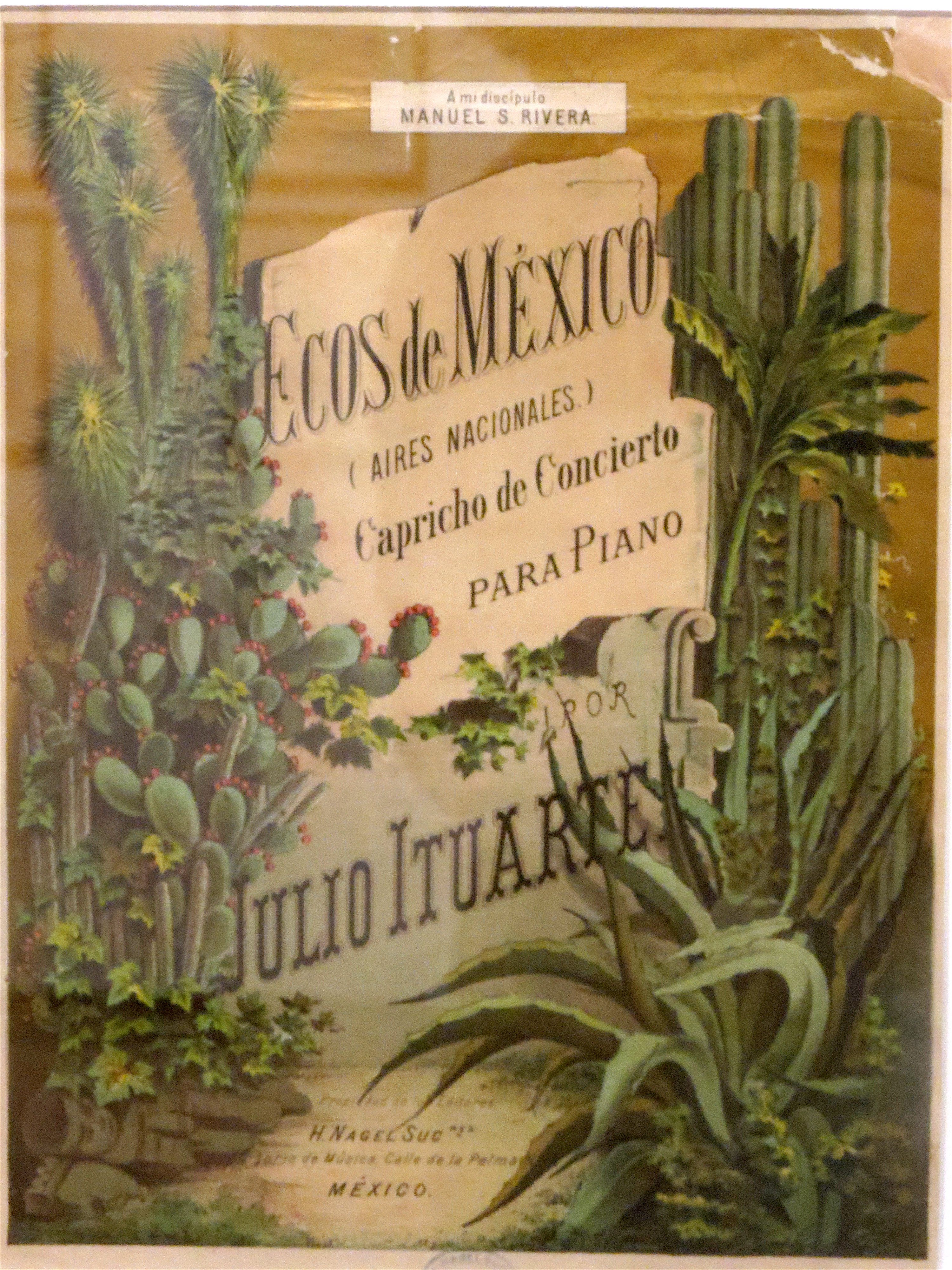 Litografía de la portada de ''Ecos de México'', de Julio Ituarte (ed. H. Nagel), expuesta en el Museo San Pedro, Puebla. La impresión data de 1860 a 1905, aprox.  Colección Carlos Monsiváis