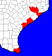 Map of counties in Texas severely affected by 1837 Racer's Storm Racer's Storm Counties Affected.gif