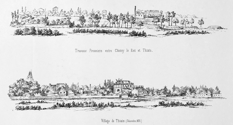 Thiais, vista 1870, obras de Prusia.  La torre de la iglesia es visible en la parte inferior izquierda.