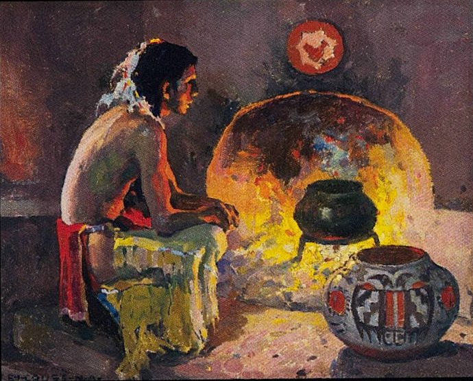 File:'Firelight' by Irving E. Couse, 8 x 10 in, oil on board.jpg