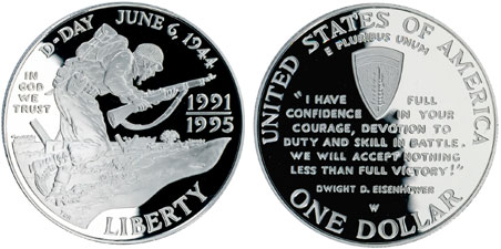 World War II 50th Anniversary silver dollar obverse (left) and reverse (right) 1991-1995 World War II Silver Dollar Obverse and Reverse.jpg