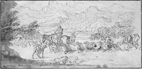 Landschap met een kudde begeleid door twee herders