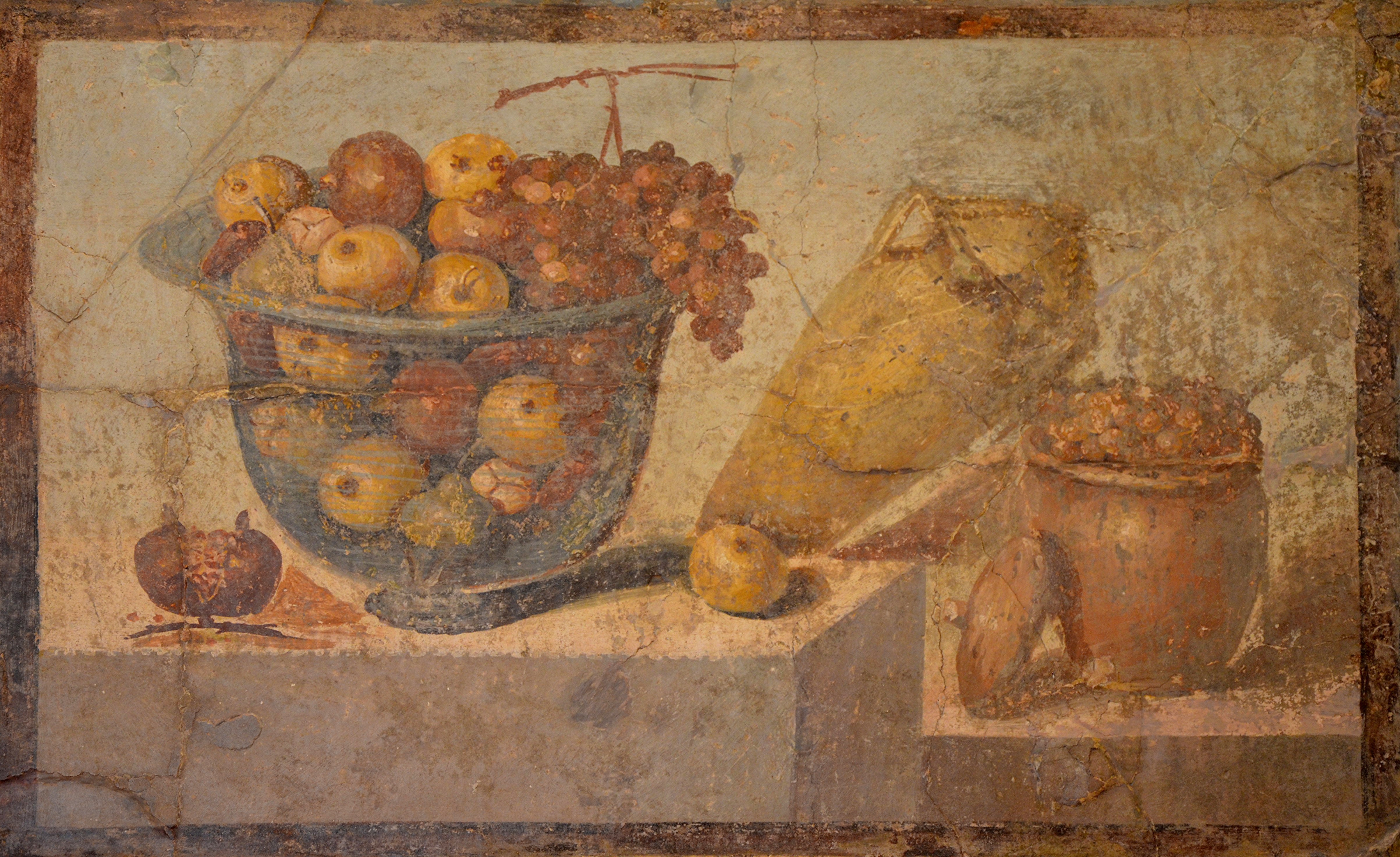 File:Fresco showing fruit bowl, jar of wine, jar of raisins, from the House of Julia Felix in Pompeii, Naples National Archaeological Museum (14843192524).jpg