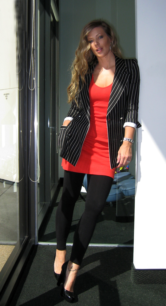File:Red minidress under striped Ugaro blazer with black leggings