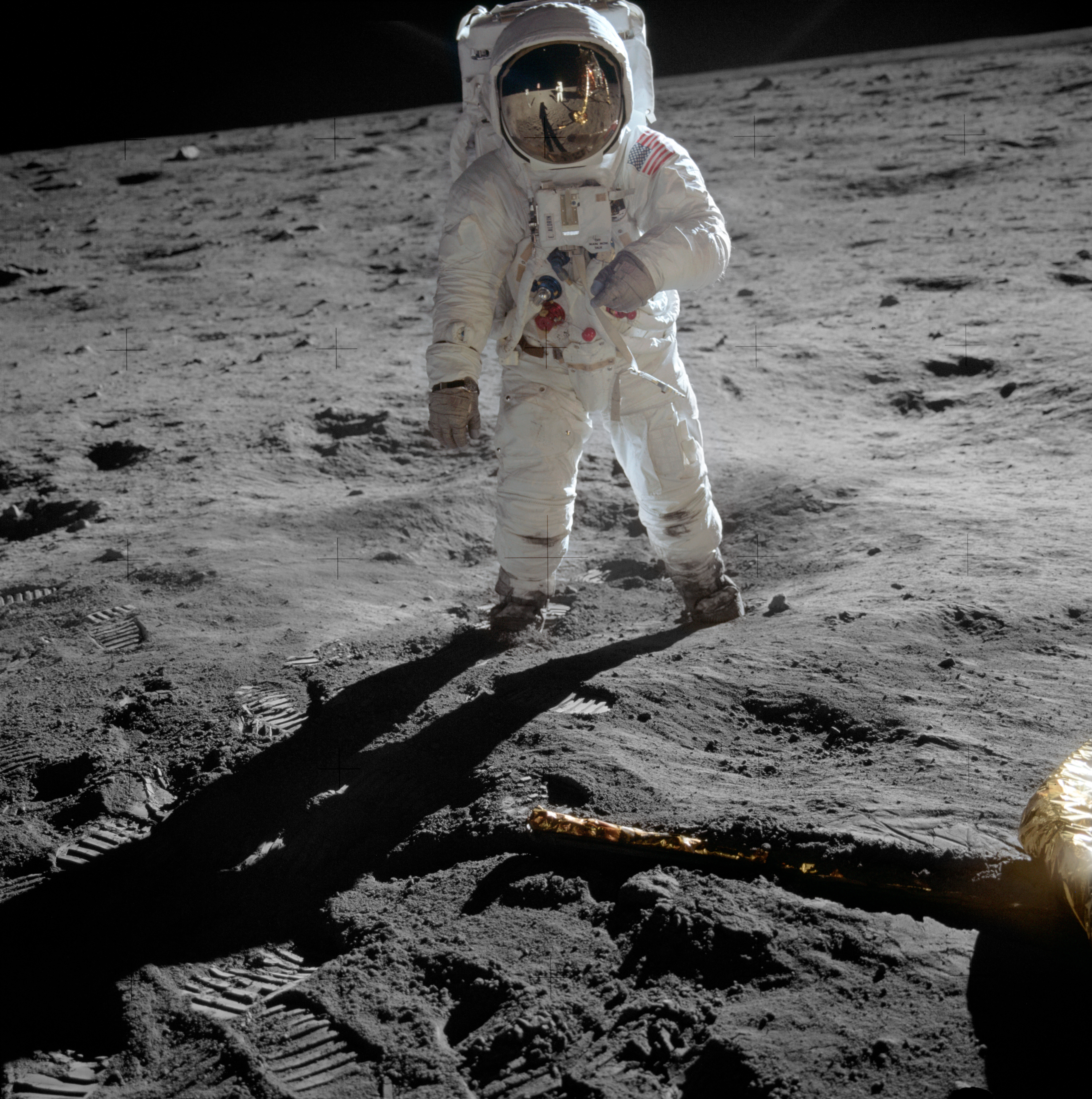 Aldrin stands on the Moon