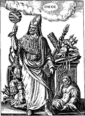 Hermes Trismegistus met caduceus, middeleeuwse prent.