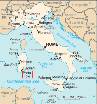 Kaart van Italië, Porto Foxi met rood gemarkeerd