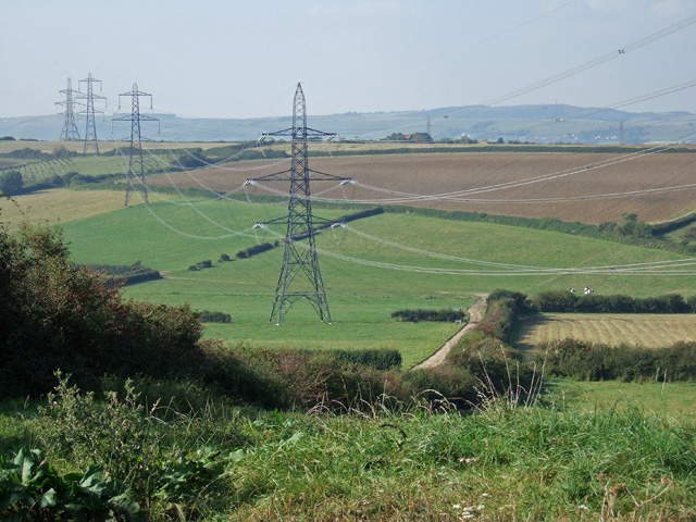 File:Pylons at Chickerell - geograph.org.uk - 554855.jpg