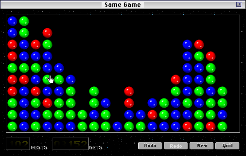 SameGame was released in 1985 and has since been ported to many platforms. The player selects a group of matching-color blocks to make them disappear from the grid, with unsupported blocks falling downwards.