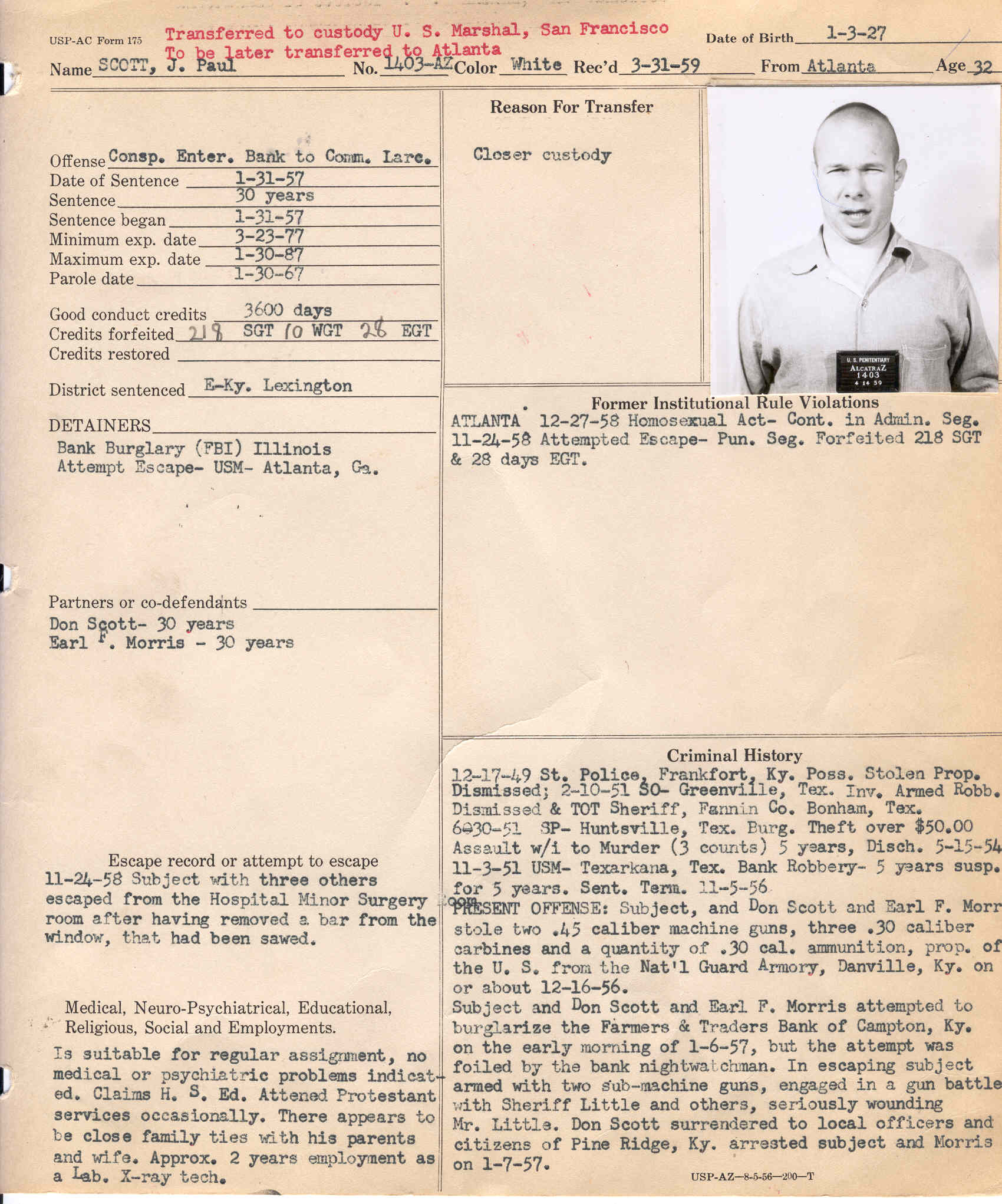 John Paul Scott, Federal Prison Record, 1959