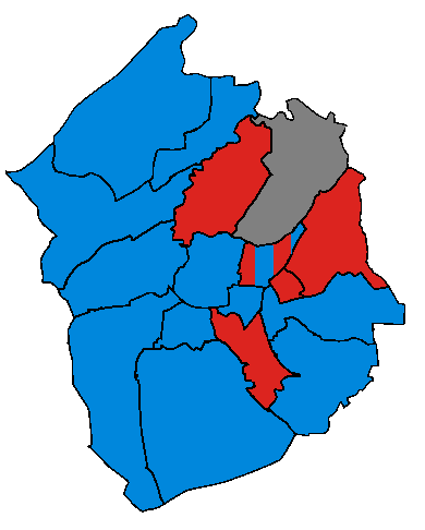 2000 local election results in Hyndburn. Blue is for wards won by the Conservatives. Red is for wards won by Labour. Grey is for wards that were not contested at this election.