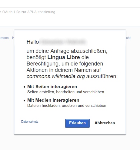 Screenshot der Dialogbox um Lingua Libre zu erlauben, in Deinem Namen Dateien nach Wikimedia Commons hochzuladen