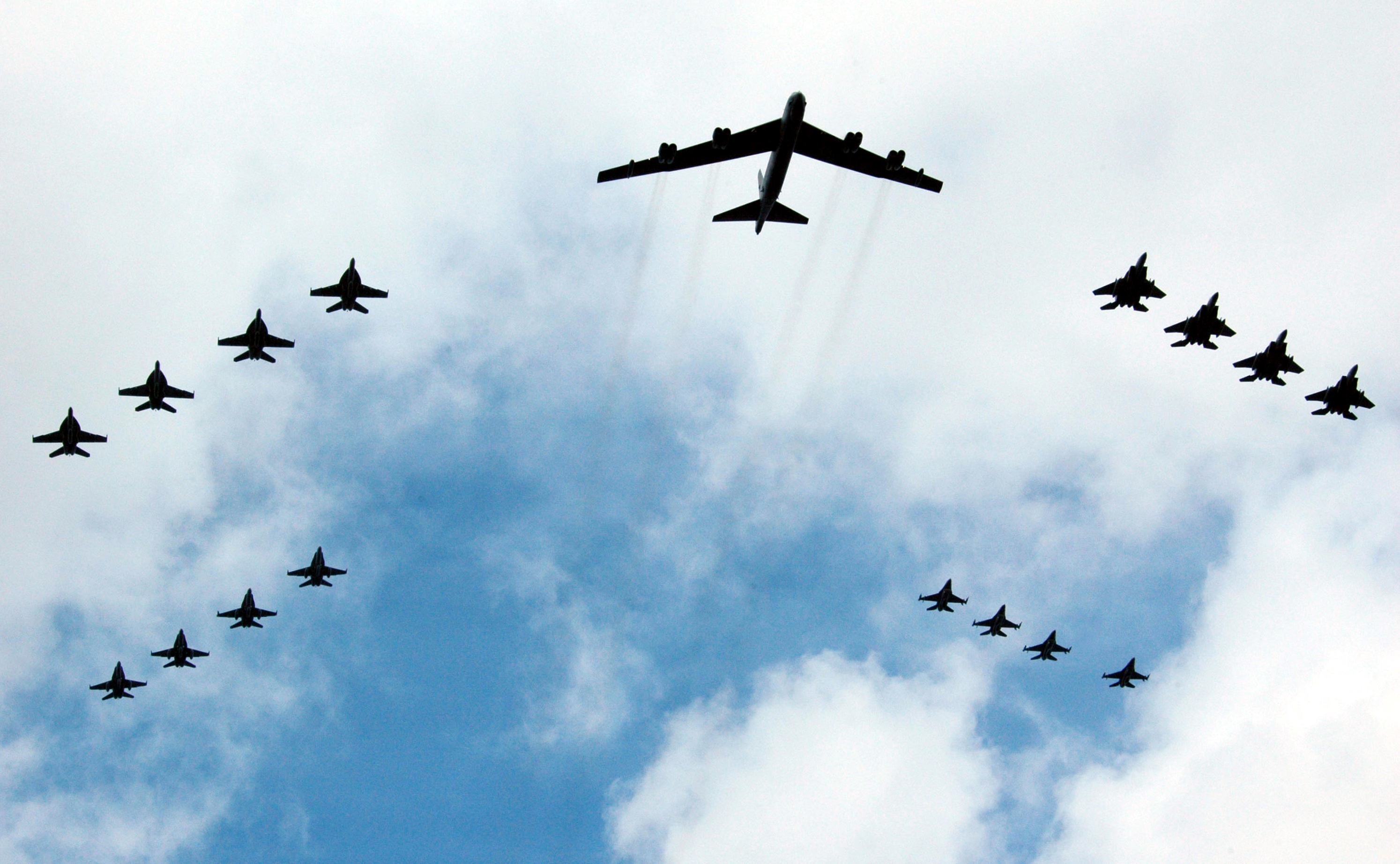 B 52 and 16 other planes fly over Kitty Hawk in formation flight August 14, 2007