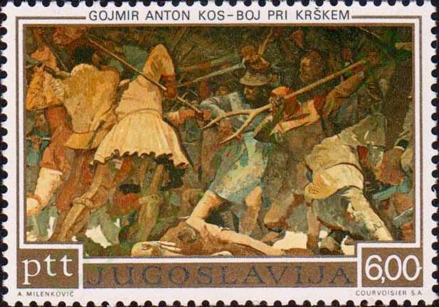 File:Battle of Krsk by Gojmir Anton Kos 1973 Yugoslavia stamp.jpg