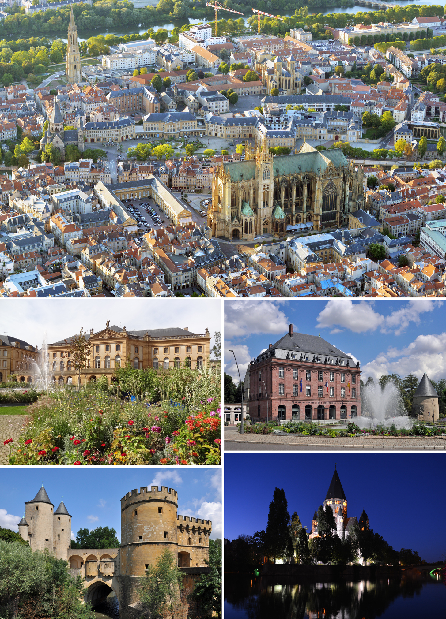 Clockwise from top: overview of city centre 1(with [[Metz Cathedral|Cathedral of Saint Stephen]]), [[Imperial Quarter of Metz|Imperial Quarter]], [[Temple Neuf, Metz|Temple Neuf]], [[Germans' Gate]], [[Opéra-Théâtre de Metz Métropole|Opéra-Théâtre]] (place de la Comédie)