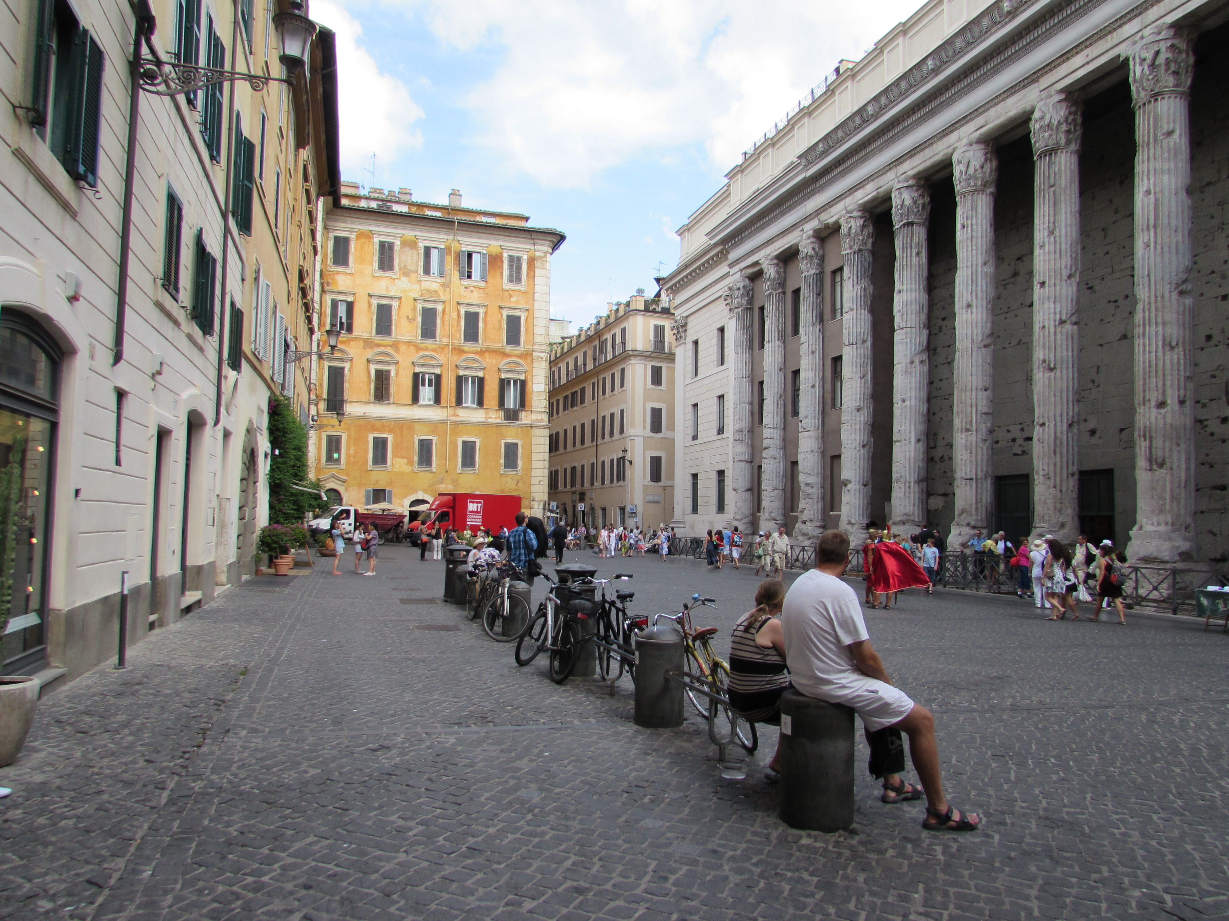 A view of the Temple of Hadrian in a piazza in Rome, Italy.