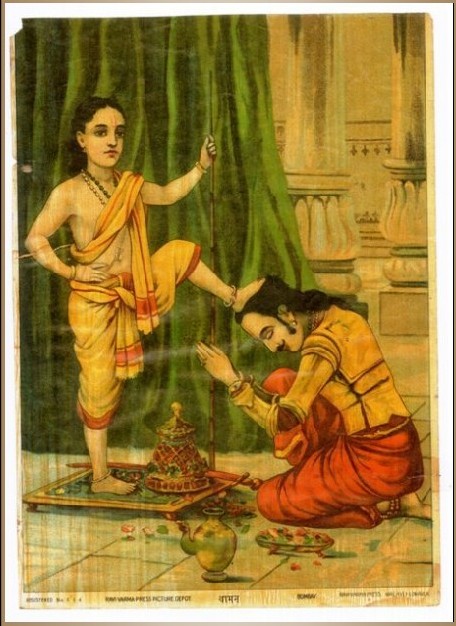 Vamana, an [[avatar]] of [[Vishnu]] pushes [[Mahabali]] down to [[Patala]] with his feet, painting by [[Raja Ravi Varma]].