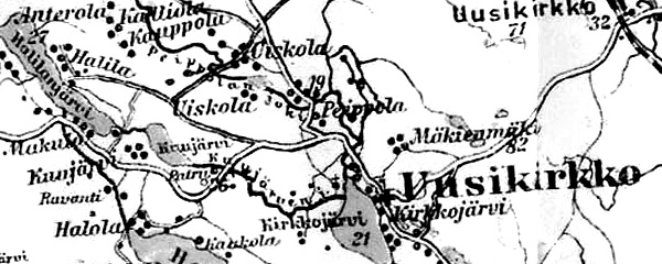 Los pueblos de Anterola, Kalliola y Kauppola en un mapa finlandés de 1923