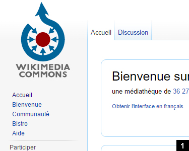 1. Rendez vous sur la page d'accueil de Wikimedia Commons, le répertoire des images, des sons et des vidéos pour les projets de Wikimédia.