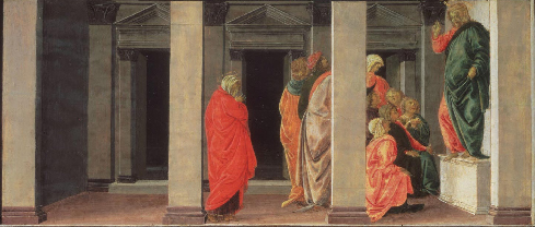 File:Botticelli, pala delle convertite, predella 02, Maddalena che ascolta la predica di Cristo.jpg