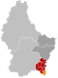 Schengens kommun (orange) med Remich kanton (röd och orange) i Luxemburg