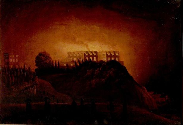 A depiction of Nottingham Castle on fire