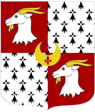 Arms: Quarterly Gules and Ermine in dexter chief and sinister base a goat's head erased Argent attired Or a fleur-de-lis in a crescent in fess point.[3]